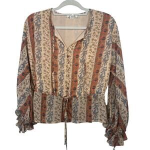 Allison NY Boho Floral Smocked Long Sleeve Blouse Drawstring Peplum Top XS